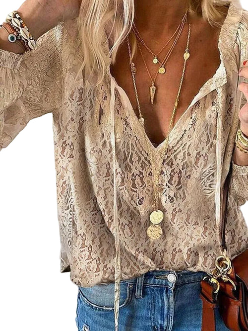 Kvinnors Boho Blus med Utskuren Halsringning 0