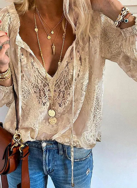 Kvinnors Boho Blus med Utskuren Halsringning 4