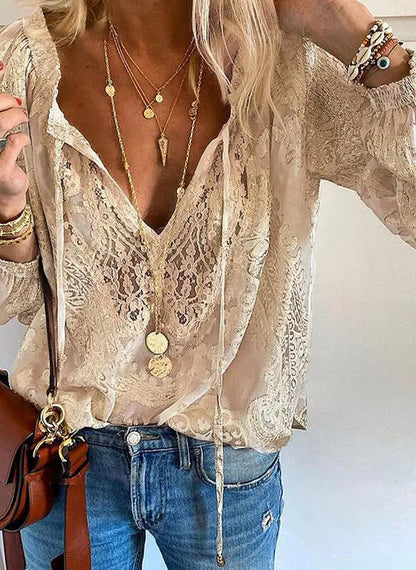 Kvinnors Boho Blus med Utskuren Halsringning 4