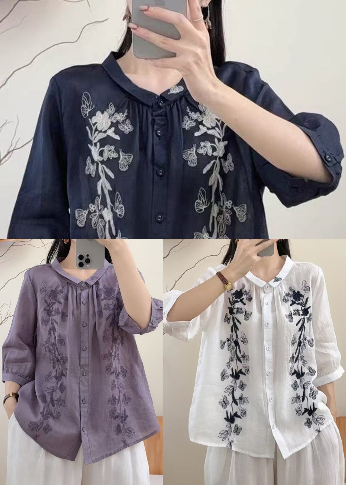 Kvinnors Broderad Blus Med Fjäril Design 4