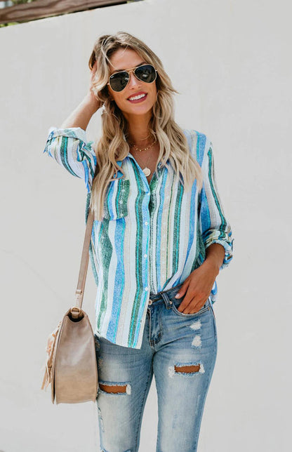 Kvinnors Button-Up Top med Vändkrage i Randigt Linne 2