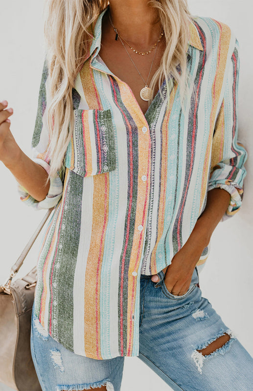 Kvinnors Button-Up Top med Vändkrage i Randigt Linne 4