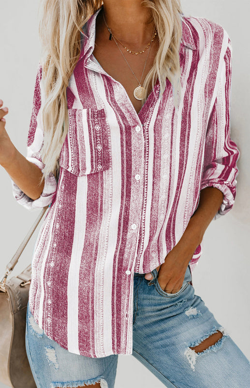 Kvinnors Button-Up Top med Vändkrage i Randigt Linne 5