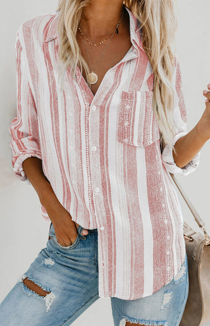 Kvinnors Button-Up Top med Vändkrage i Randigt Linne 6