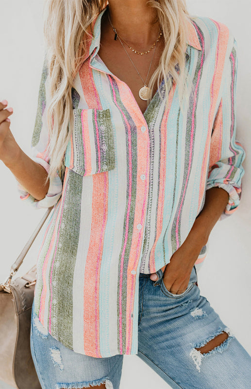 Kvinnors Button-Up Top med Vändkrage i Randigt Linne 7