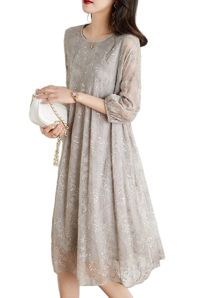 Kvinnors Chiffon Klänning med Broderi och Trekvartsärmar 0