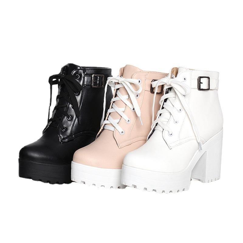 Kvinnors Chunky Boots med Korsremmar 4