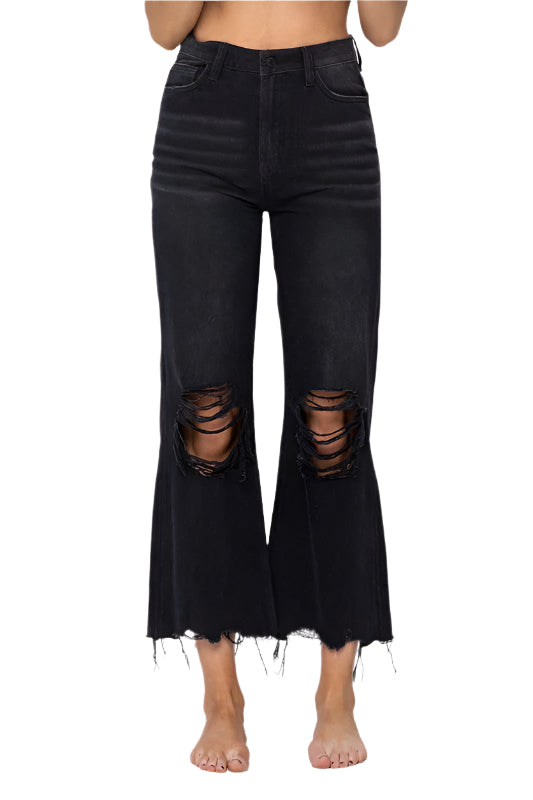 Kvinnors Crop Flare Jeans Vintage Stil Svart 0
