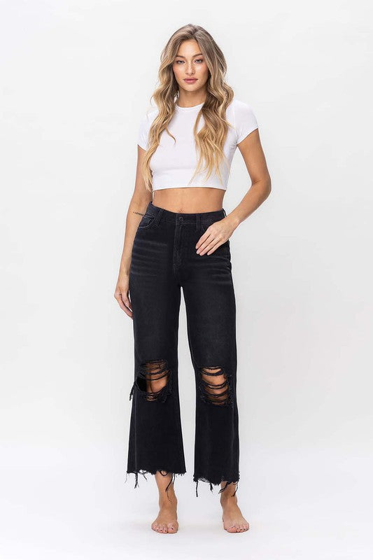 Kvinnors Crop Flare Jeans Vintage Stil Svart 1