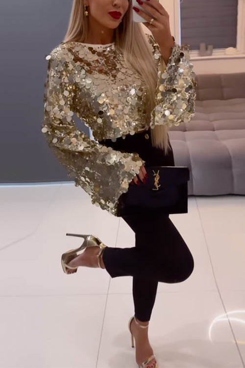 Kvinnors Crop Top med Långa Klockärmar och Paljetter 1