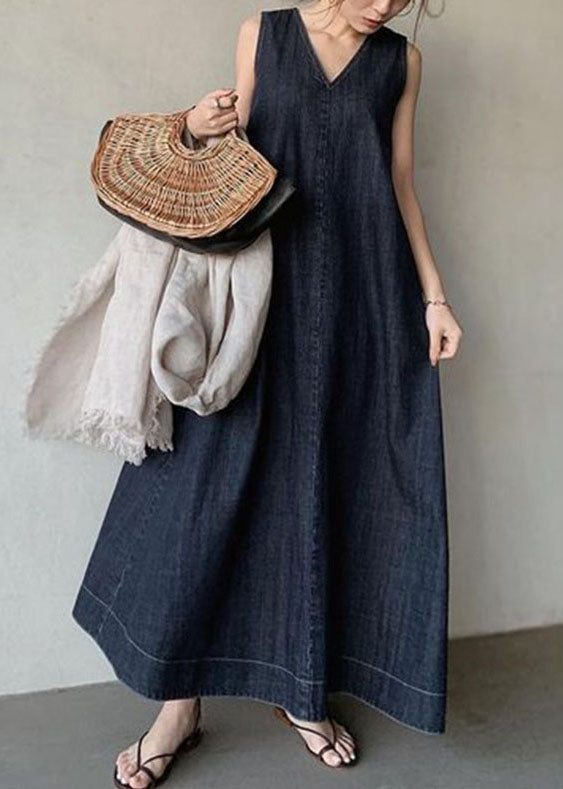 Kvinnors Denim Klänning Kall Axel V-Hals Bohemisk Stil 3