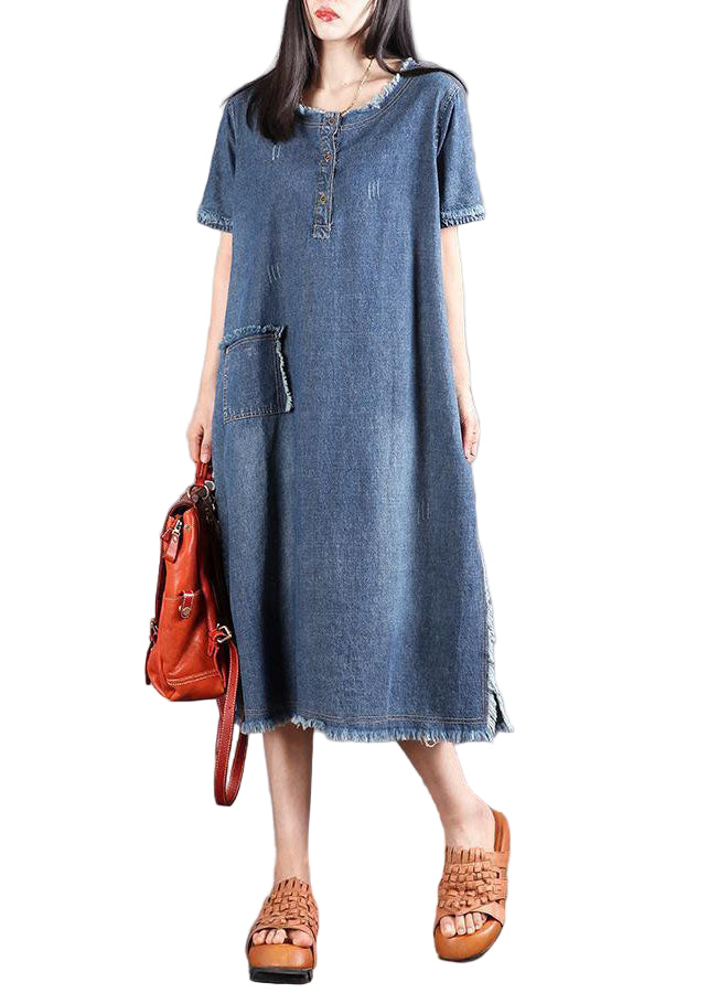 Kvinnors Denim Klänning med Knappar och Fickor 0