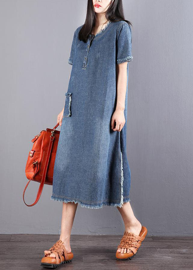 Kvinnors Denim Klänning med Knappar och Fickor 1