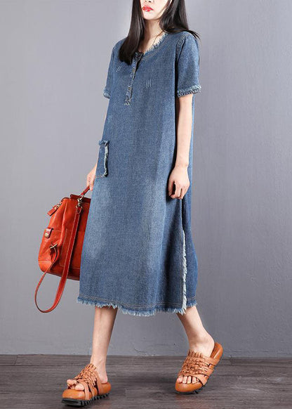 Kvinnors Denim Klänning med Knappar och Fickor 1