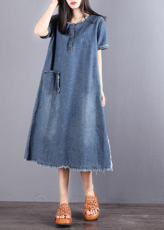 Kvinnors Denim Klänning med Knappar och Fickor 2