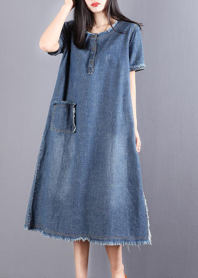 Kvinnors Denim Klänning med Knappar och Fickor 3