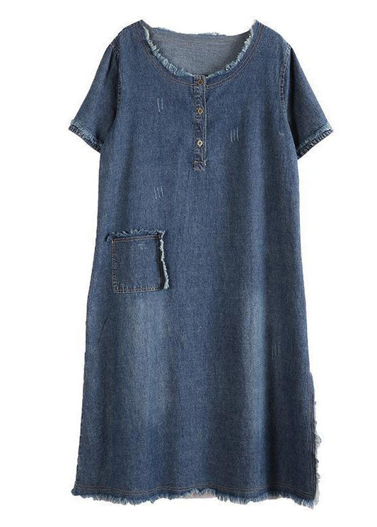 Kvinnors Denim Klänning med Knappar och Fickor 4