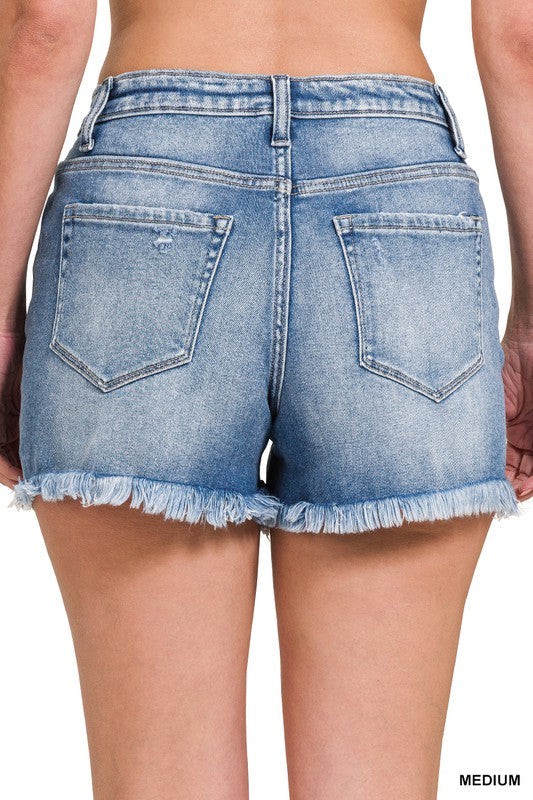 Kvinnors Denim Shorts Medel Hög Midja Rå Fransad Kant 2