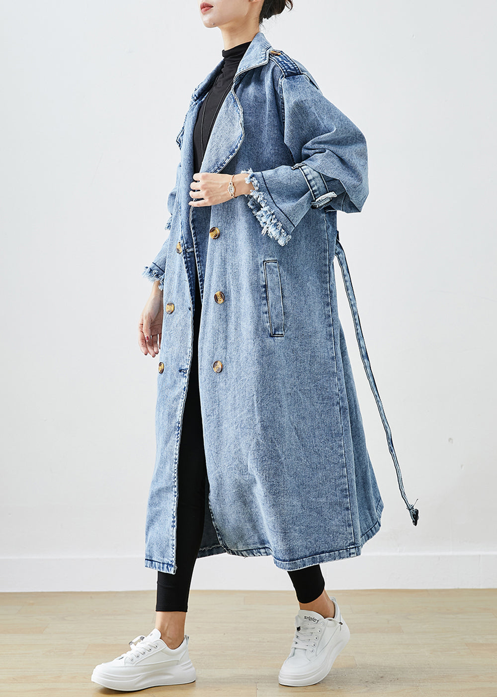 Kvinnors Denim Trench Coat med Dubbla Bröst 1