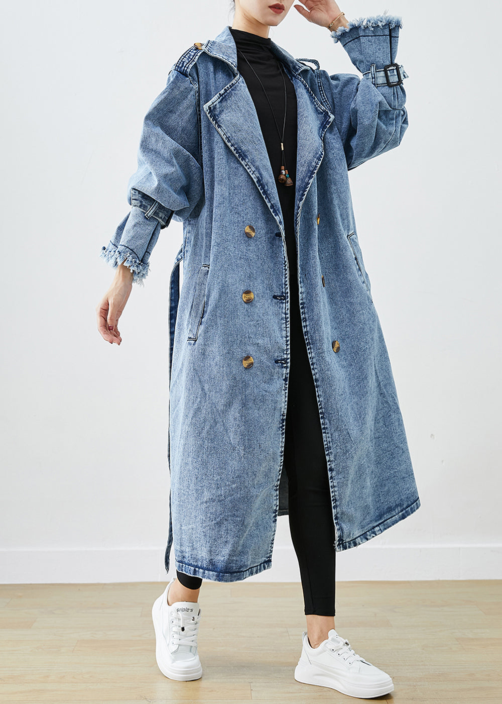 Kvinnors Denim Trench Coat med Dubbla Bröst 2