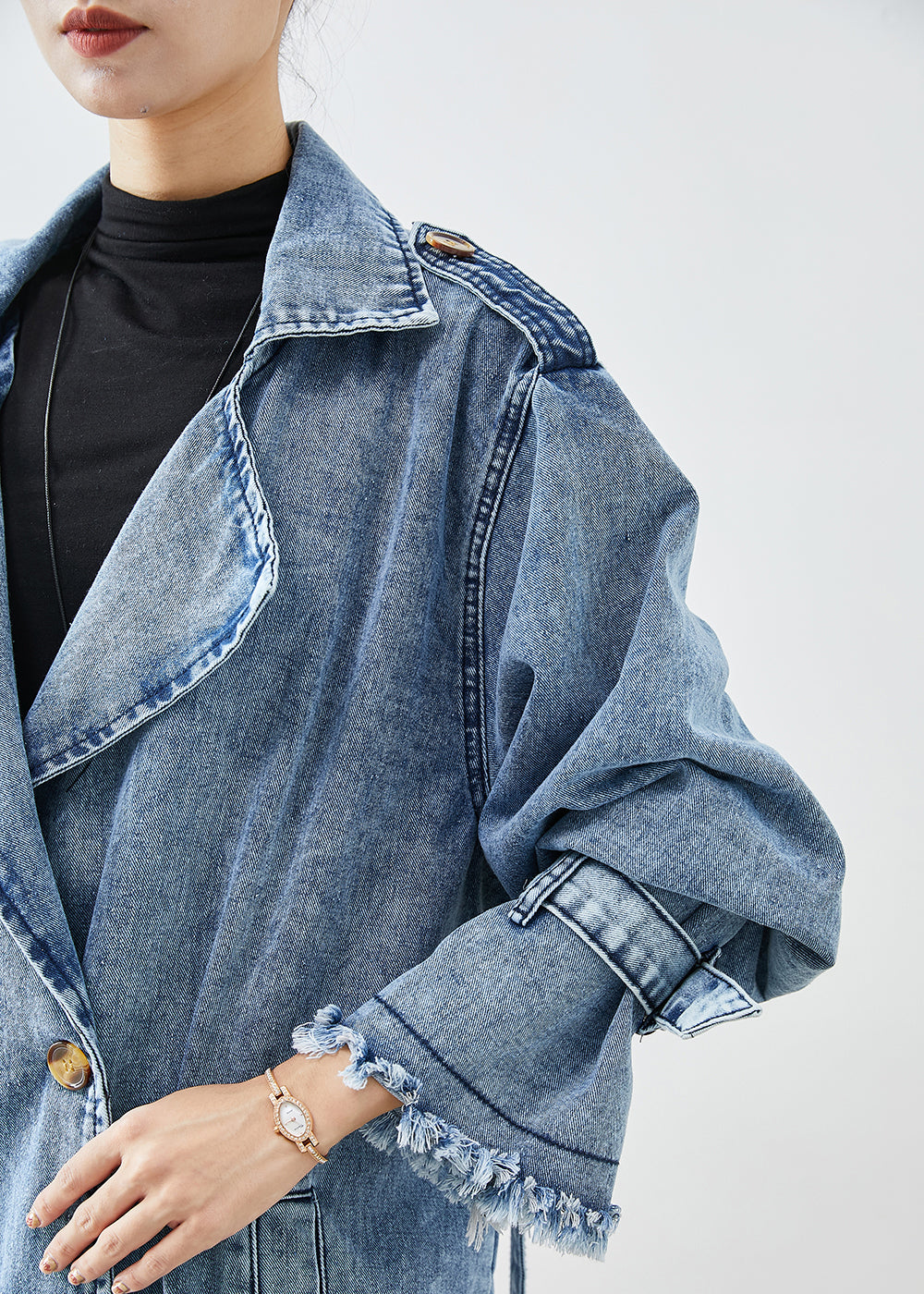 Kvinnors Denim Trench Coat med Dubbla Bröst 4