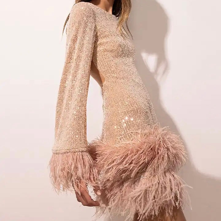 Kvinnors Festklänning med Paljetter och Fjäderfåll 5