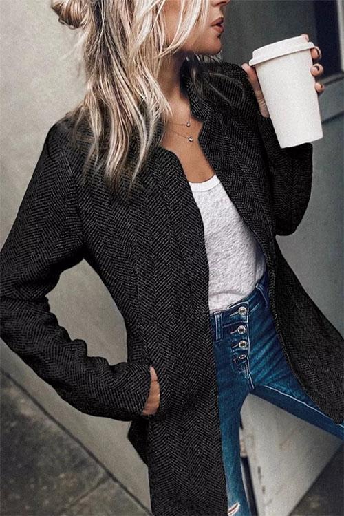 Kvinnors Figursydd Blazer med Naggad Krage och Fickor 1