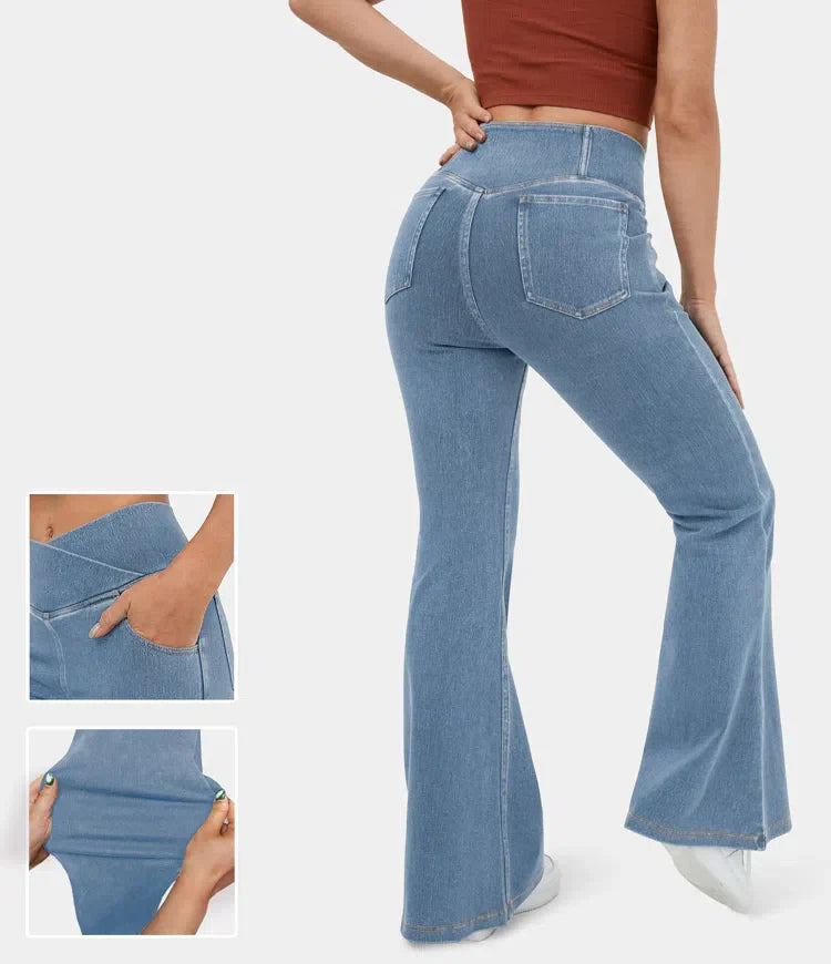 Kvinnors Flared Byxor Elastisk Design Hög Midja Stretchigt Material 1