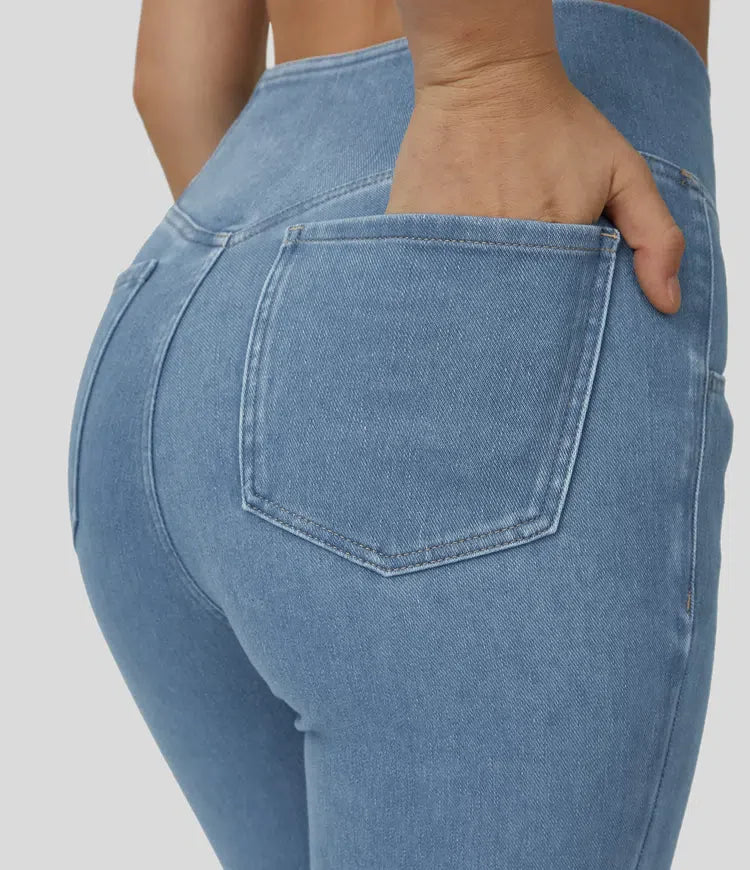 Kvinnors Flared Byxor Elastisk Design Hög Midja Stretchigt Material 3