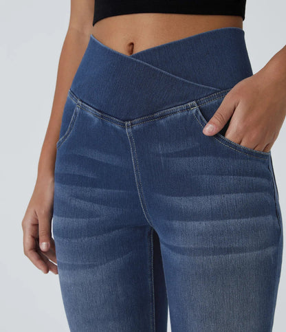 Kvinnors Flared Byxor Elastisk Design Hög Midja Stretchigt Material 8