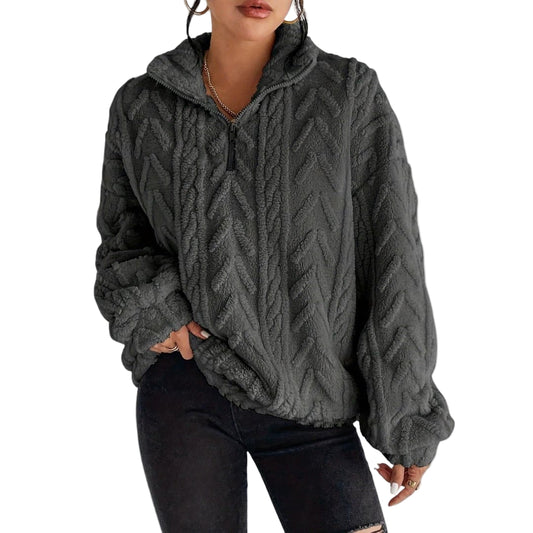 Kvinnors Fleece Tröja med Halv Zip och Kabelmönster 0