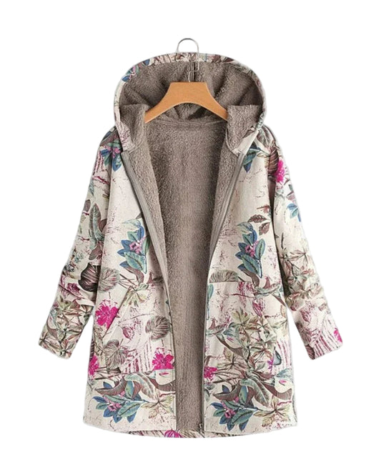 Kvinnors Fleecejacka med Huva och Blommig Design 0