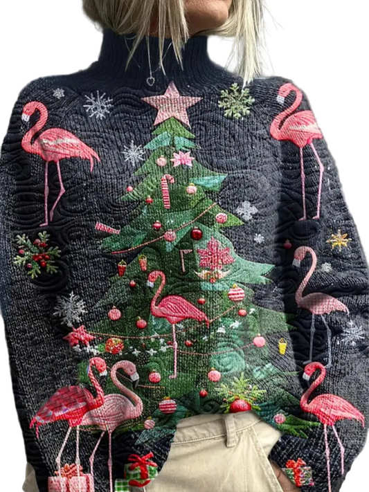 Kvinnors Ful Jultröja med Flamingos och Hög Krage 0