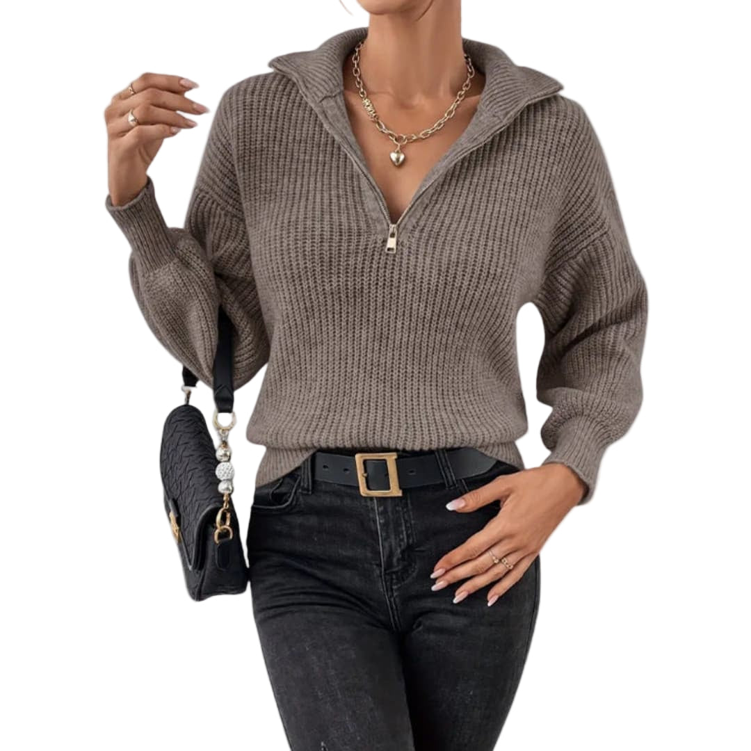 Kvinnors Halvzip Tröja med Ribbstickning 0