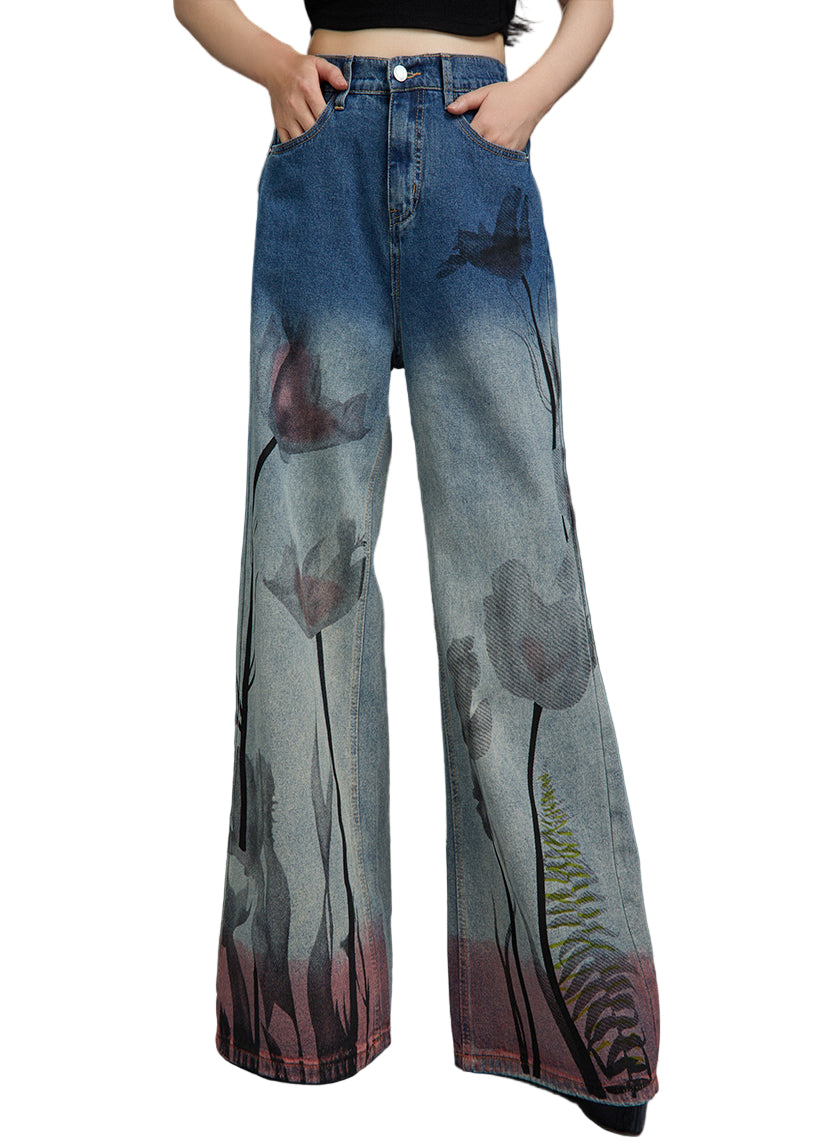 Kvinnors Hög Midja Jeansbyxor med Blåtryck 0