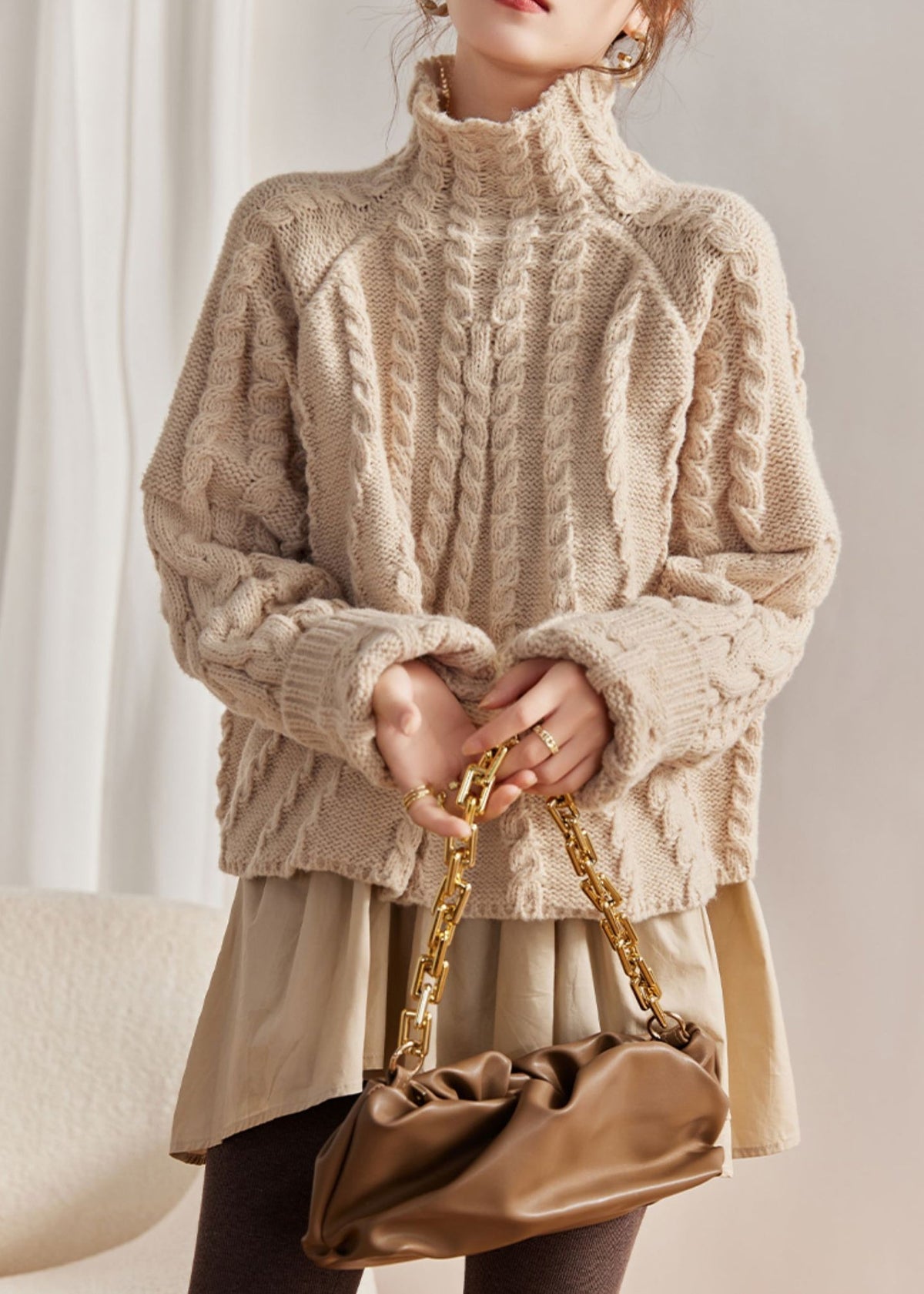 Kvinnors Hög Nacke Tvådelad Stickad Tröja 1