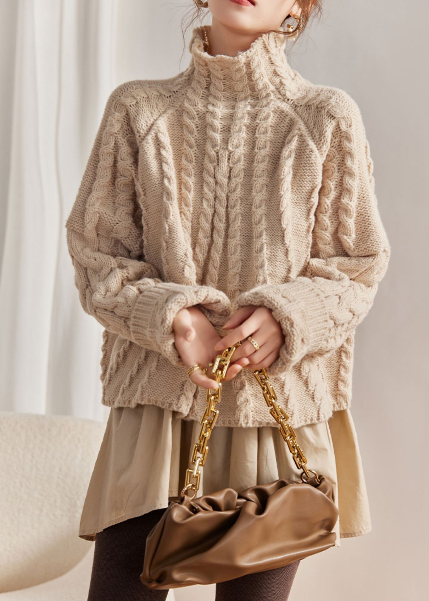 Kvinnors Hög Nacke Tvådelad Stickad Tröja 1