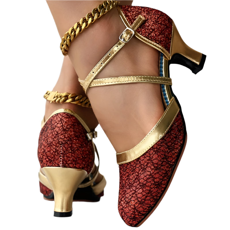 Kvinnors Högklackade Skor Dubbel Rem Glänsande Yta 0