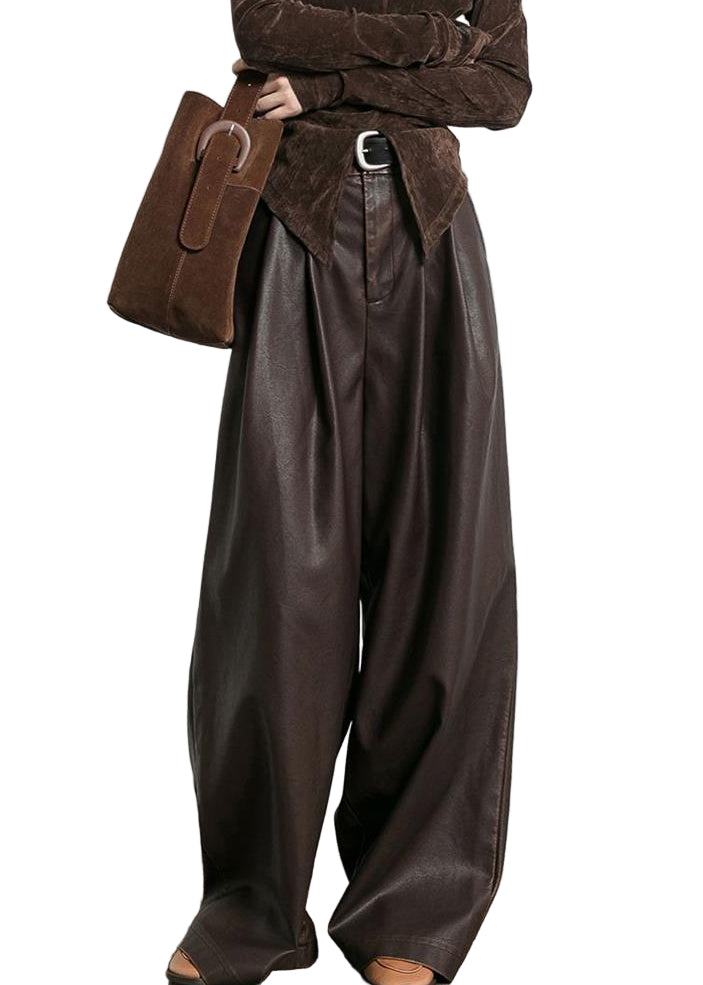 Kvinnors Högmidjade Byxor i Fuskläder med Fickor 0