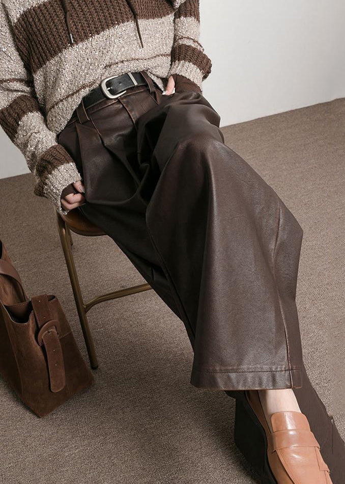 Kvinnors Högmidjade Byxor i Fuskläder med Fickor 3