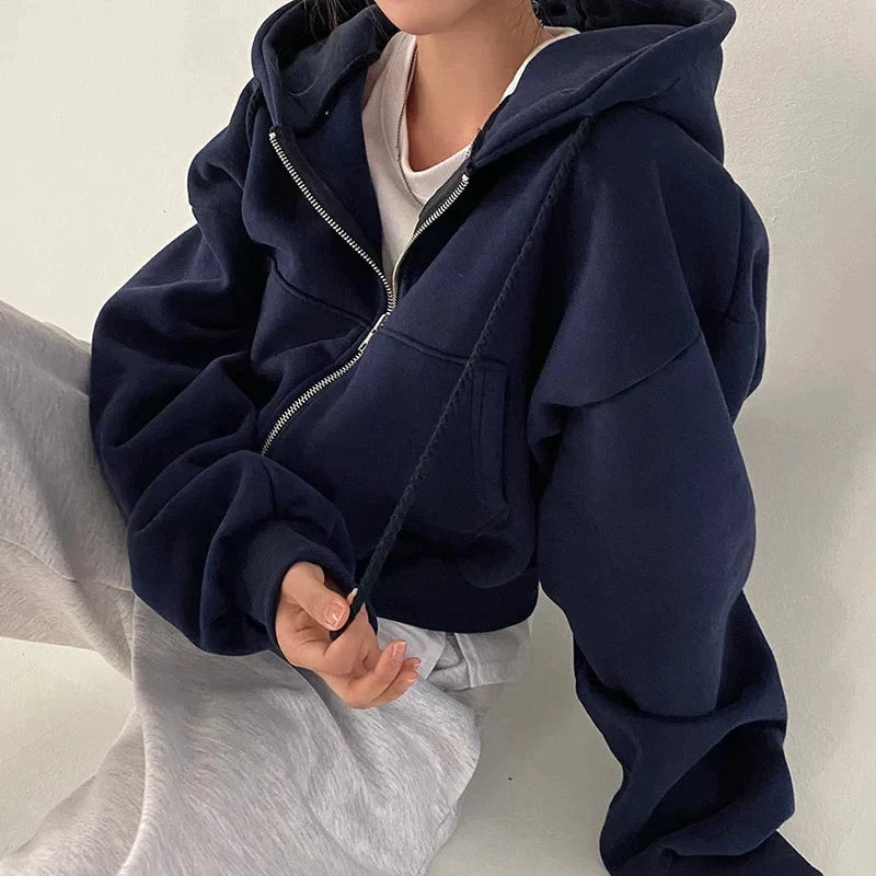 Kvinnors Hoodie med Dragkedja och Sluttande Axlar Trendig Stil 0