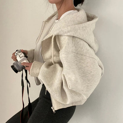 Kvinnors Hoodie med Dragkedja och Sluttande Axlar Trendig Stil 2