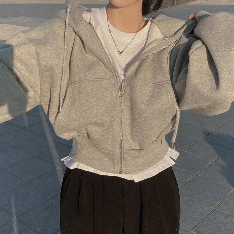 Kvinnors Hoodie med Dragkedja och Sluttande Axlar Trendig Stil 3
