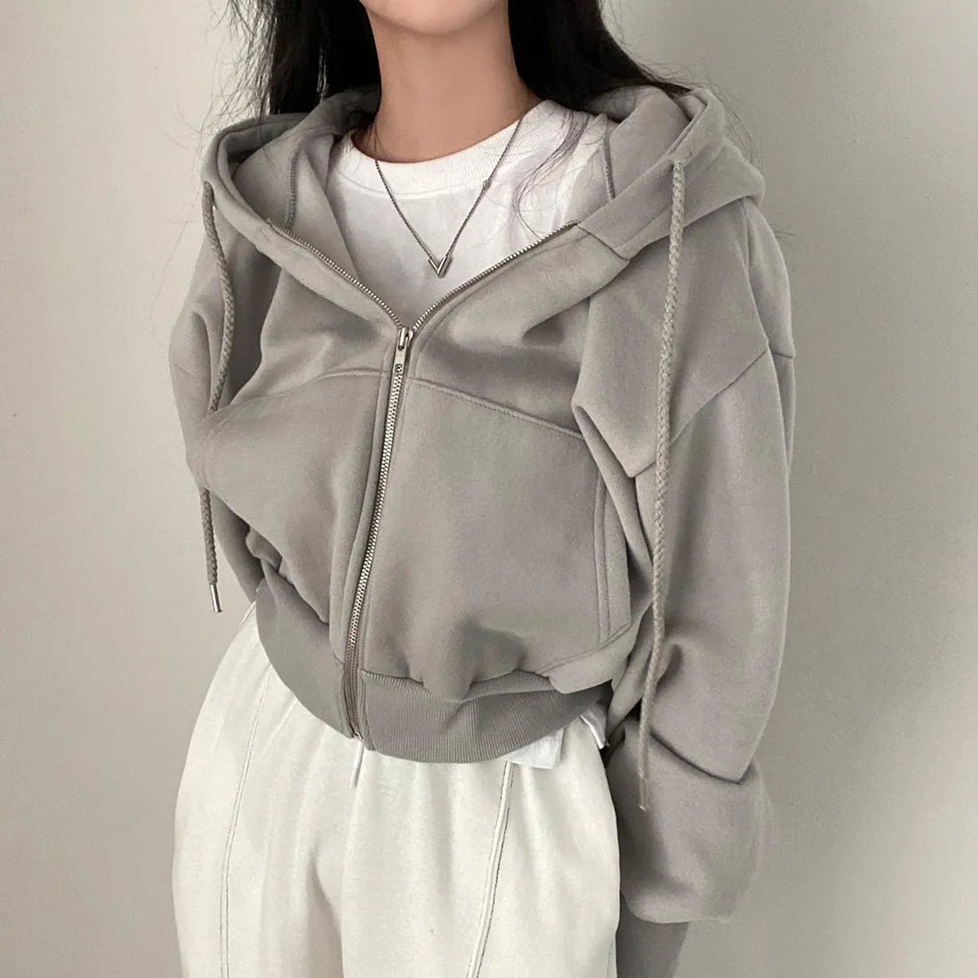 Kvinnors Hoodie med Dragkedja och Sluttande Axlar Trendig Stil 4