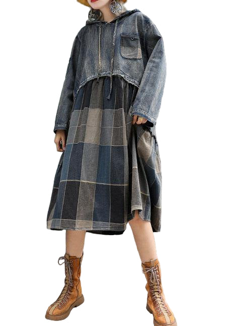 Kvinnors Höstklänning med Huva och Lappteknik 0