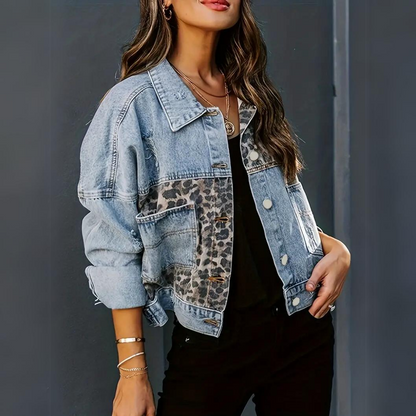 Kvinnors Jeansjacka Leopardmönstrad 0