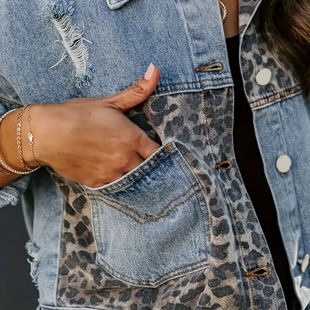 Kvinnors Jeansjacka Leopardmönstrad 4