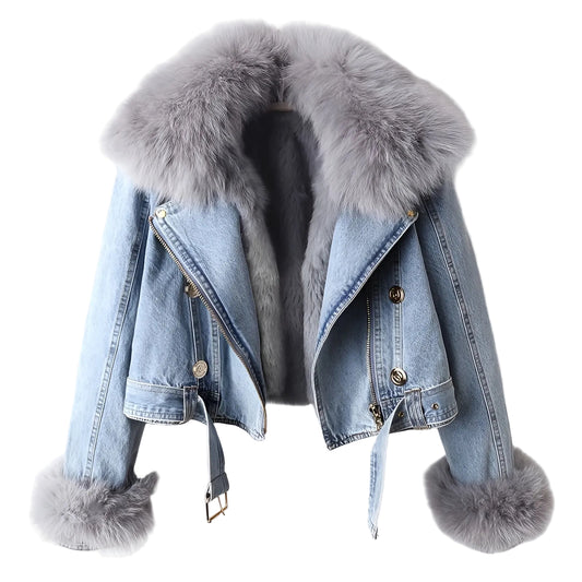 Kvinnors Jeansjacka med Fuskpälskrage 0