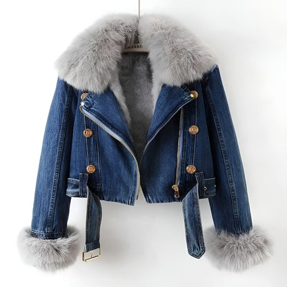 Kvinnors Jeansjacka med Fuskpälskrage 1