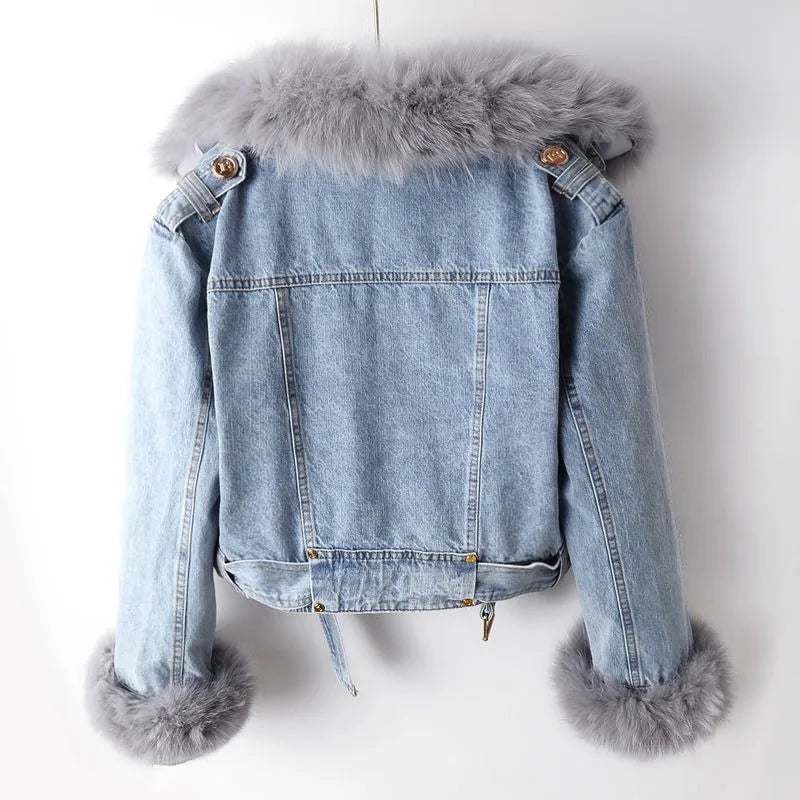 Kvinnors Jeansjacka med Fuskpälskrage 2